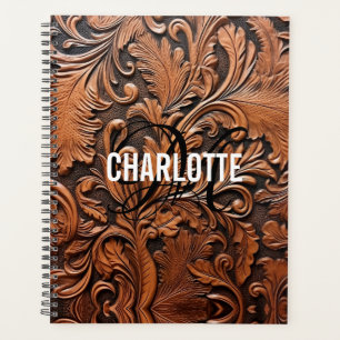 Vintage tooled leather script name planner