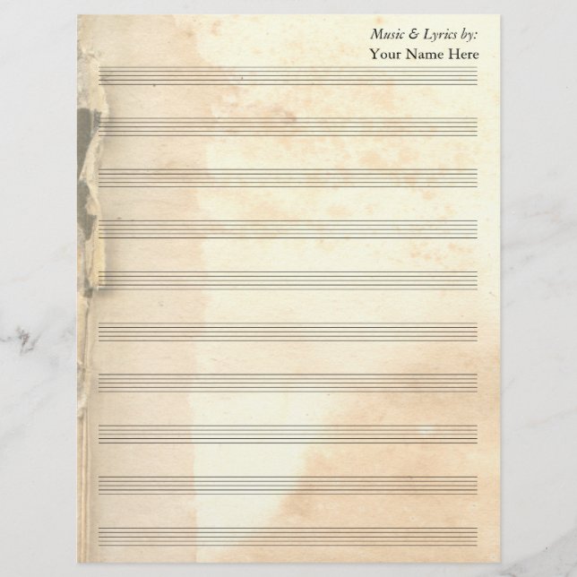 Vintage Torn Book Page Blank Sheet Music 10 Stave (Front)