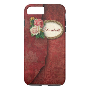 Vintage Torn Red Damask and Roses Personalised iPhone 8 Plus/7 Plus Case