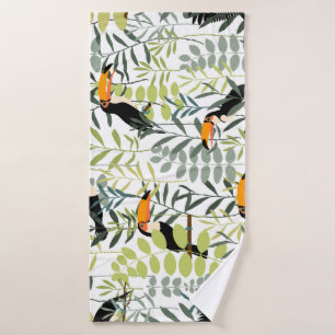 Vintage Toucans Green Leaves Pattern Bath Towel