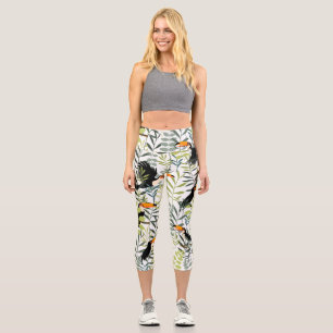 Vintage Toucans Green Leaves Pattern Capri Leggings