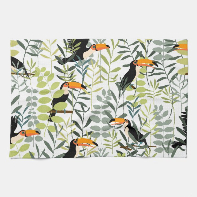 Vintage Toucans Green Leaves Pattern Tea Towel (Horizontal)
