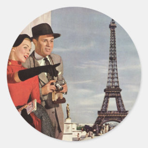 Vintage Tourists at Eiffel Tower, Paris Vacation Classic Round Sticker