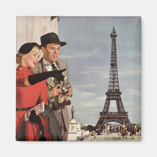 Vintage Tourists at Eiffel Tower, Paris Vacation Magnet