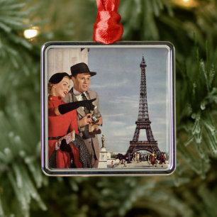 Vintage Tourists at Eiffel Tower, Paris Vacation Metal Tree Decoration