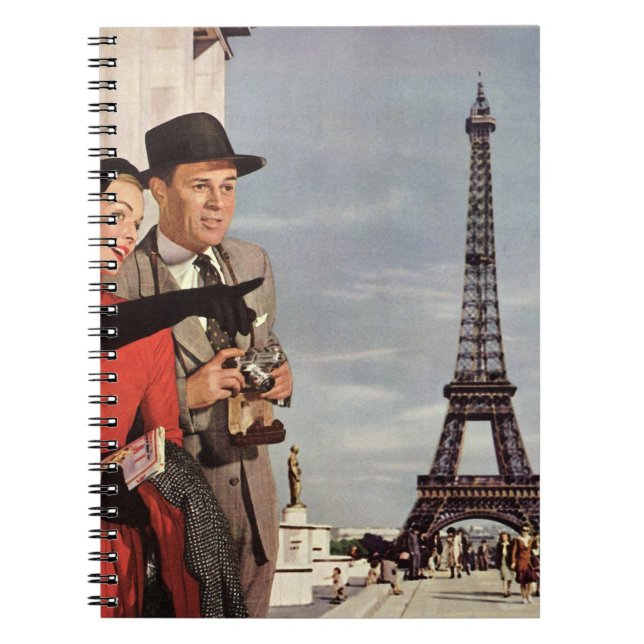 Vintage Tourists at Eiffel Tower, Paris Vacation Notebook (Front)