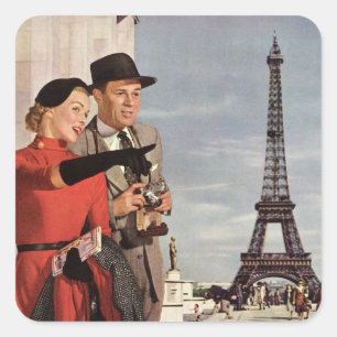 Vintage Tourists at Eiffel Tower, Paris Vacation Square Sticker