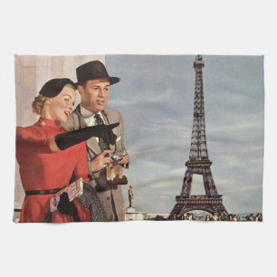 Vintage Tourists at Eiffel Tower, Paris Vacation Tea Towel