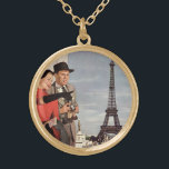 Vintage Tourists Travelling in Paris Eiffel Tower Gold Plated Necklace<br><div class="desc">Vintage illustration travel and transportation image featuring vacationing newlyweds sightseeing in Paris, France with the Eiffel Tower in the background. A love and romance design with a man and woman on a romantic vacation, a couple in the city of lights on their honeymoon. She is holding a map of the...</div>