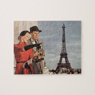 Vintage Tourists Travelling in Paris Eiffel Tower Jigsaw Puzzle