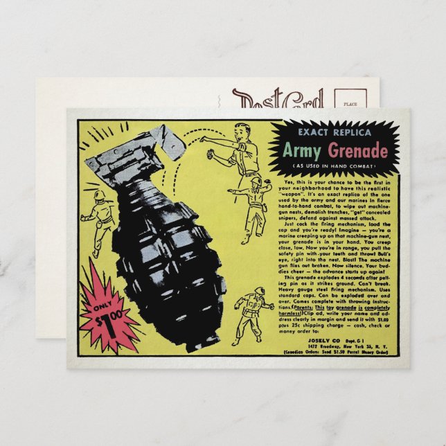 Vintage Toy Grenade Advertisement Postcard  (Front/Back)