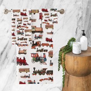 Vintage Toy Train Colorful Trains Pattern Bath Towel Set