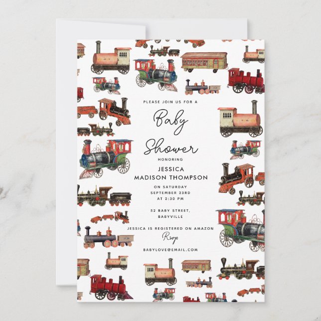 Vintage Toy Train Colourful Trains Baby Shower Invitation (Front)