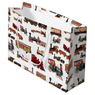 Vintage Toy Train Colourful Trains Pattern Large Gift Bag