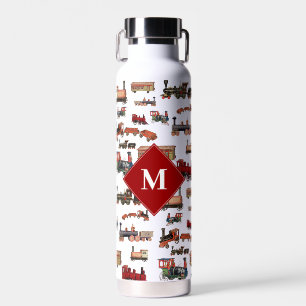 Vintage Toy Train Colourful Trains Pattern Monogra Water Bottle
