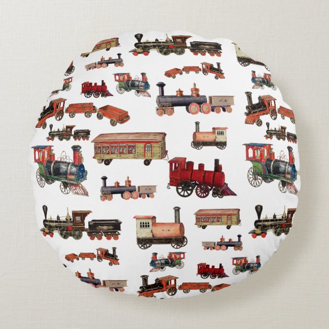 Vintage Toy Train Colourful Trains Pattern Round Cushion (Front)