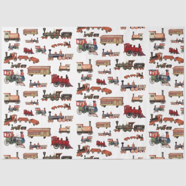 Vintage Toy Train Colourful Trains Pattern Tissue Paper (Front)
