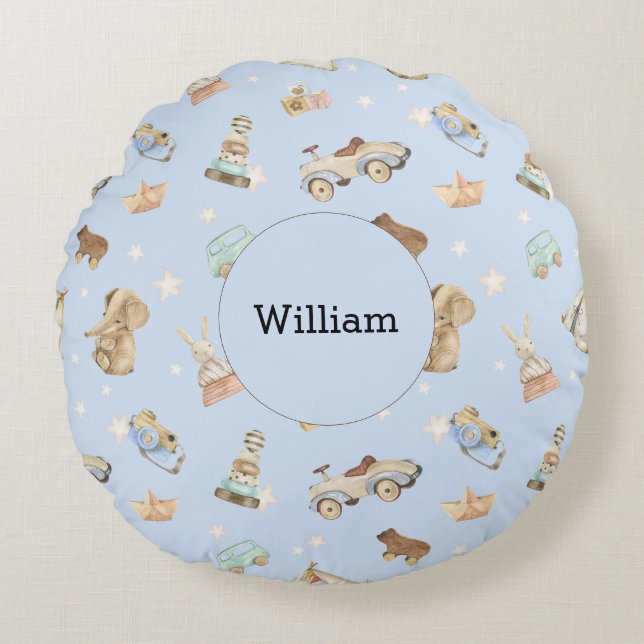 Vintage Toys Baby Boy Nursery Blue Round Cushion (Front)