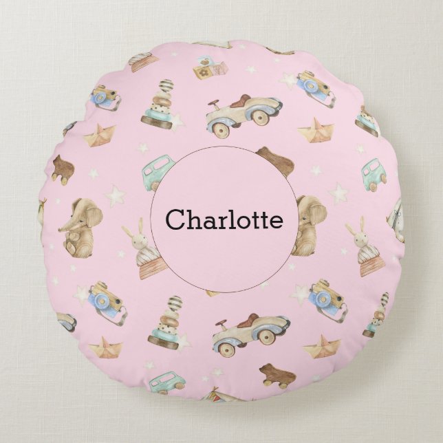 Vintage Toys Baby Girl Nursery Pink Round Cushion (Front)
