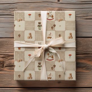 Vintage Toys Storybook Watercolor Patchwork Patter Wrapping Paper