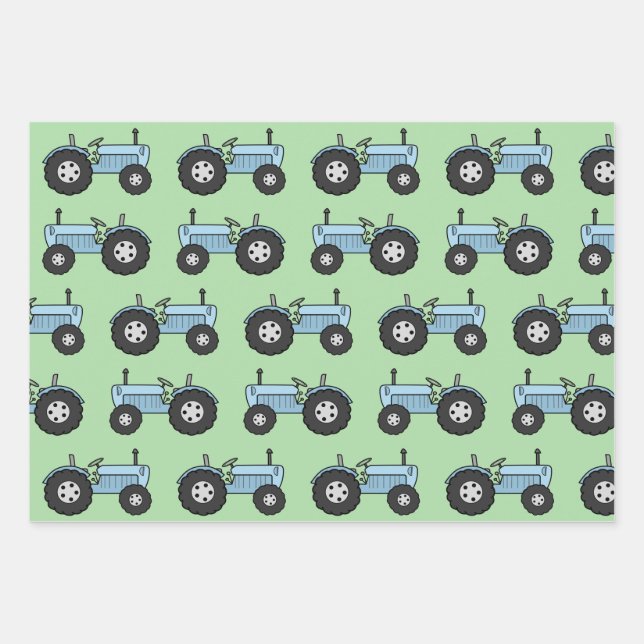 Vintage Tractor Blue Wrapping Paper Sheet (Front)