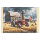 Vintage tractor with barn in countrside 