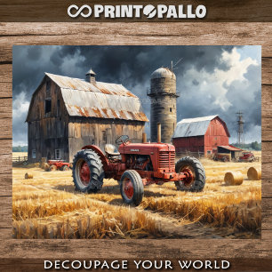 Vintage tractor with barn in countrside  tissue paper