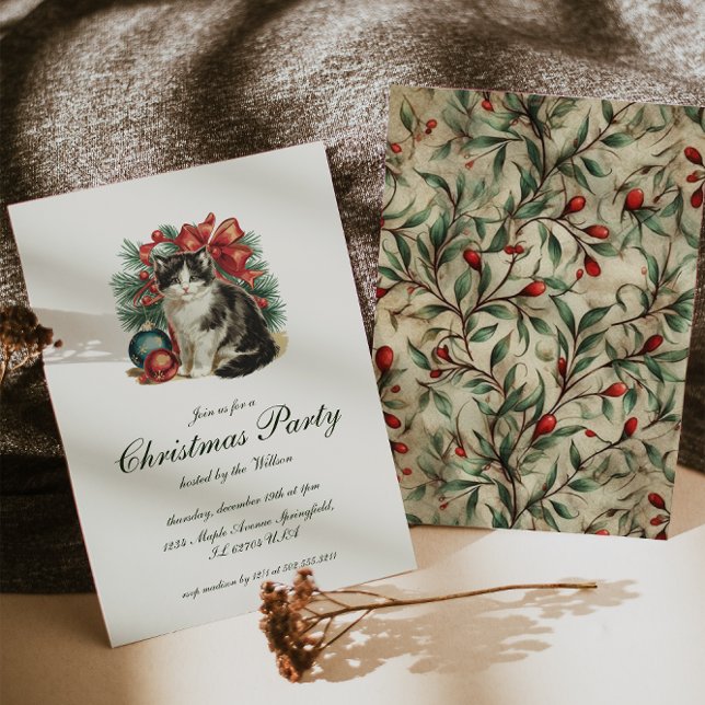 Vintage Traditional Cat Christmas Party Invitation (Creator Uploaded)