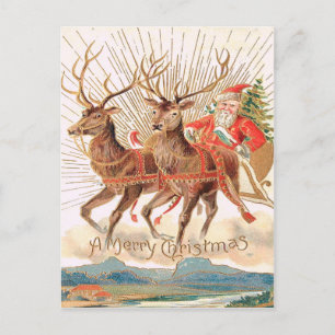 Vintage Traditional Christmas Card Santa Reindeer