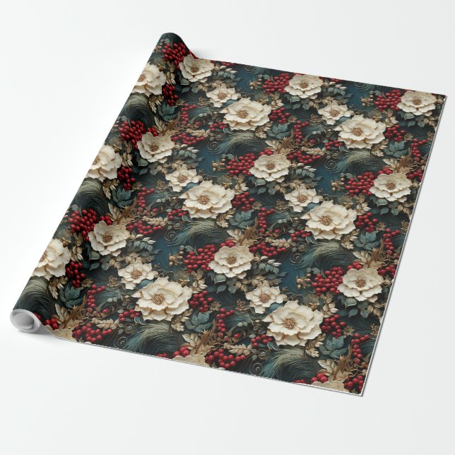 Vintage traditional classic 3D Christmas holly Wrapping Paper (Unrolled)