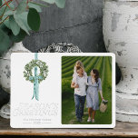 Vintage Traditional Wreath Ribbon Watercolor Photo Foil Holiday Card<br><div class="desc">A vintage, elegant take on a custom holiday card. A custom photo card, perfect for family holiday cards, Christmas cards for family and friends. This card features a watercolor wreath and silver or gold foil design with Season's Greetings. Appropriate and all-inclusive for Christmas, Hanukkah, and all beliefs and families. Customise...</div>