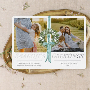 Vintage Traditional Wreath Ribbon Watercolor Photo Foil Holiday Card