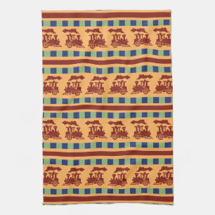 Vintage Train Pattern with Stripes and Checks Tea Towel