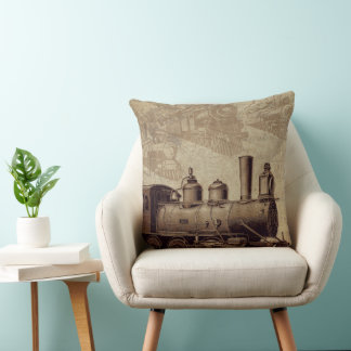 Vintage train railroad throw pillow