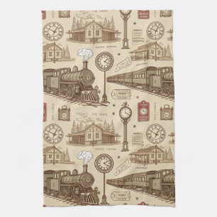 Vintage Train Station Pattern (1) Tea Towel