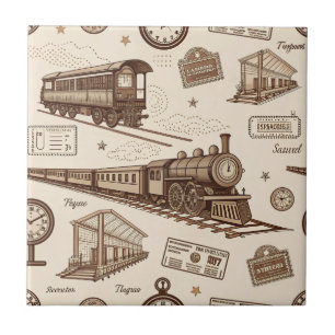Vintage Train Station Pattern (2) Ceramic Tile