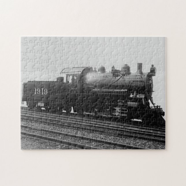 Vintage Train Steam Engine Rails Track Black White Jigsaw Puzzle (Horizontal)