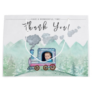 Vintage Train Transport Birthday Watercolor photo Large Gift Bag