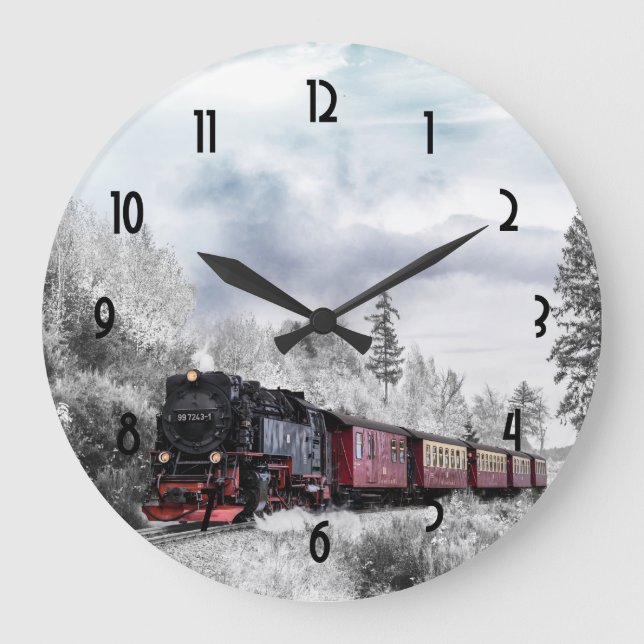 Vintage Train Winter Christmas Scene Large Clock (Front)
