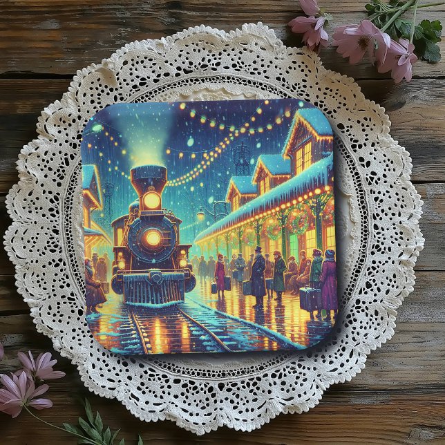 Vintage Trains on a Snowy Night Paper Plate (Creator Uploaded)