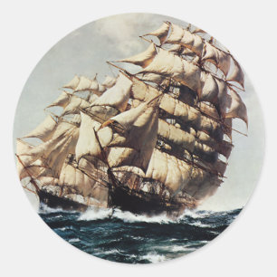 Vintage Transporation, Clipper Ships in Rough Seas Classic Round Sticker