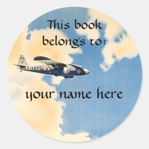 Vintage Transportation, Aeroplane Bookplate Classic Round Sticker