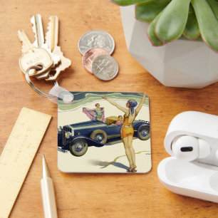 Vintage Transportation Convertible Car on Beach Key Ring