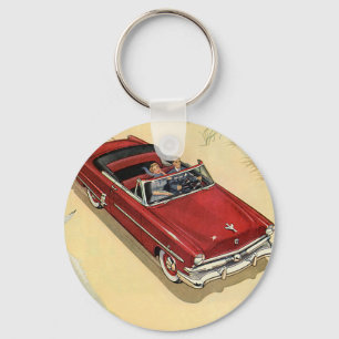 Vintage Transportation, Red Convertible Car Beach Key Ring