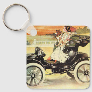 Vintage Transportation, Woman in Convertible Car Key Ring