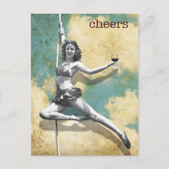 Vintage Trapeze Woman with Wine Postcard (Front)