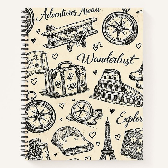Vintage Travel Adventures Seamless Pattern Notebook (Front)