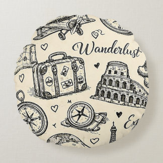 Vintage Travel Adventures Seamless Pattern Round Cushion