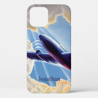 Vintage Travel, Aeroplane Flying in Clouds in Sky