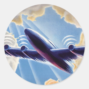 Vintage Travel, Aeroplane Flying in Clouds in Sky Classic Round Sticker